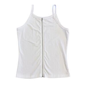TANK TOP WOMENS WHITE FULL FRONT ZIPPER RIBBED SEXY SUMMER TOP